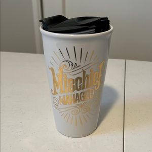 White Travel Mug with Gold 'Mischief Managed' Design